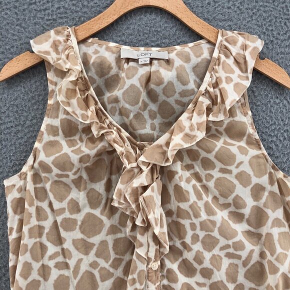 LOFT Top Womens Medium Beige Giraffe Print Ruffle Button Up Sleeveless Blouse - Picture 2 of 9